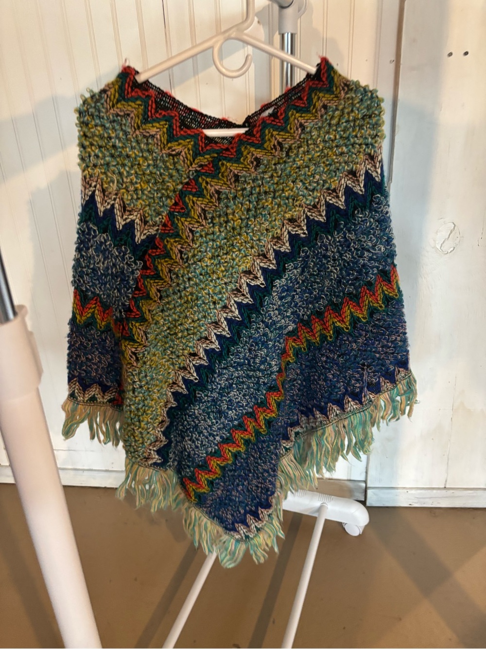 Multicolor Zigzag Knit Poncho with Fringe